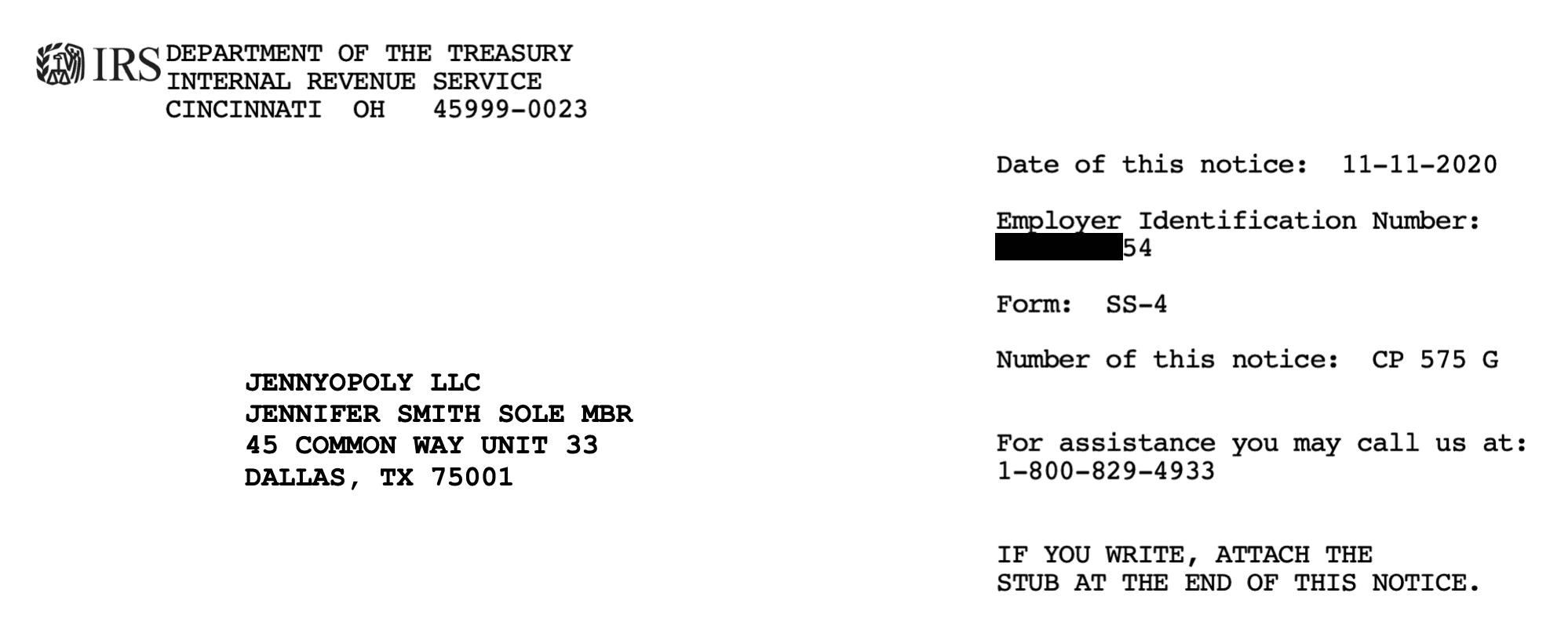 SOLE MBR IRS EIN Confirmation Letter CP 575