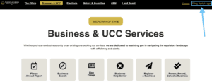 On the Montana Secretary of State's Business Services page, a blue arrow points to a blue box around the words Filing Portal Login.